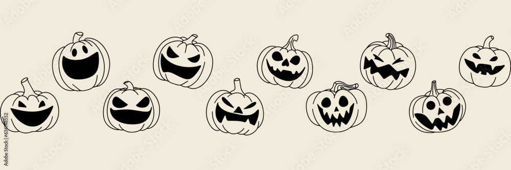Seamless long horizontal Halloween banner. Seamless Jack of Lantern banner. Halloween pumpkin in row. Vector illustration. Seamless long horizontal Halloween banner. Seamless Jack of Lantern banner. Halloween pumpkin in row. Vector illustration.