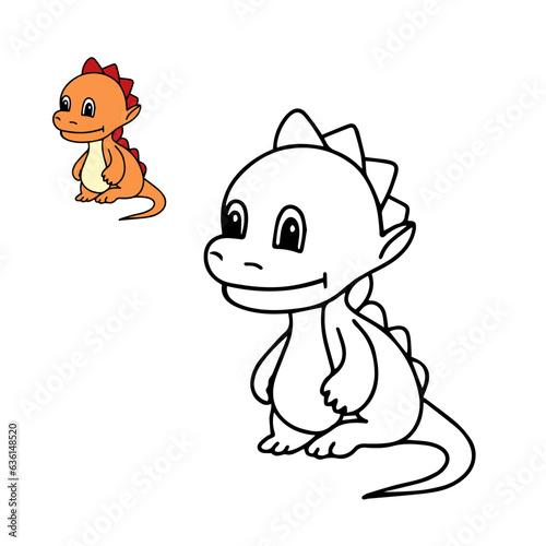 Cute dragon for coloring book. Cute little dragon as coloring page for children education. Vector illustration.
