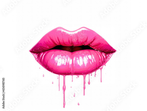 Cartoon lips dripping pink isolated white background