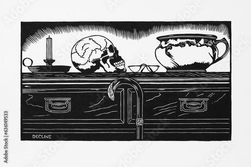 A woodcut print on the theme of old age featuring a skull. photo