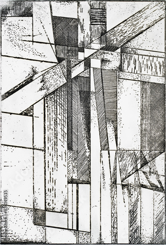 A monochrome intaglio print of a geometric abstract image