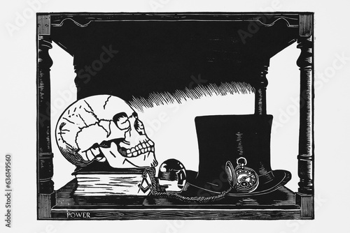 A woodcut print of a rather smug looking skull. photo