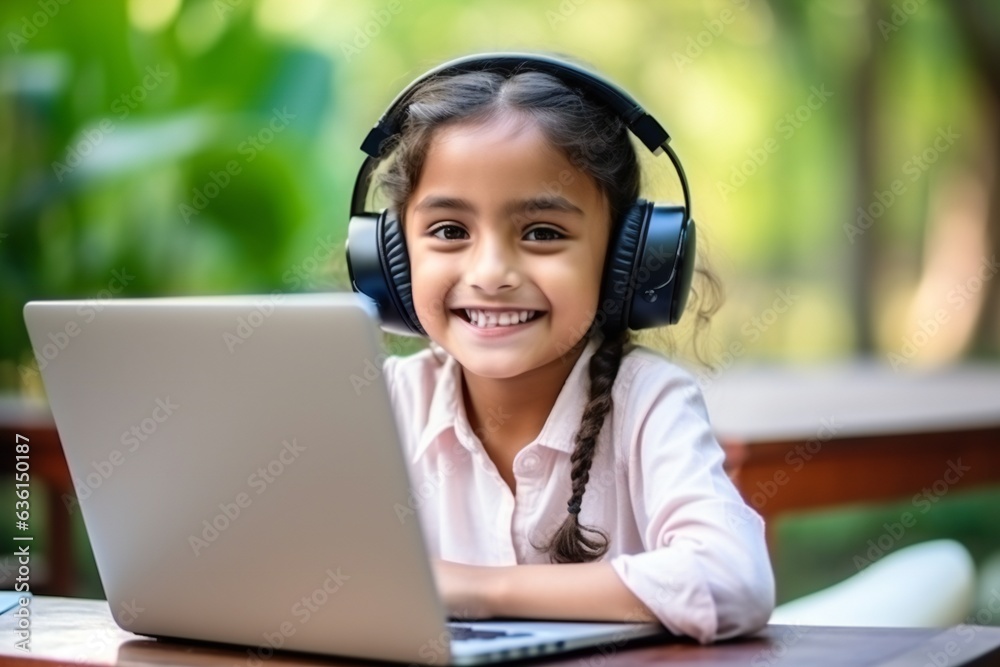 A young Indian girl is attending online school or classes. Learning at home concept in India. Generative ai A young Indian girl is attending online school or classes. Learning at home concept in India. Generative ai