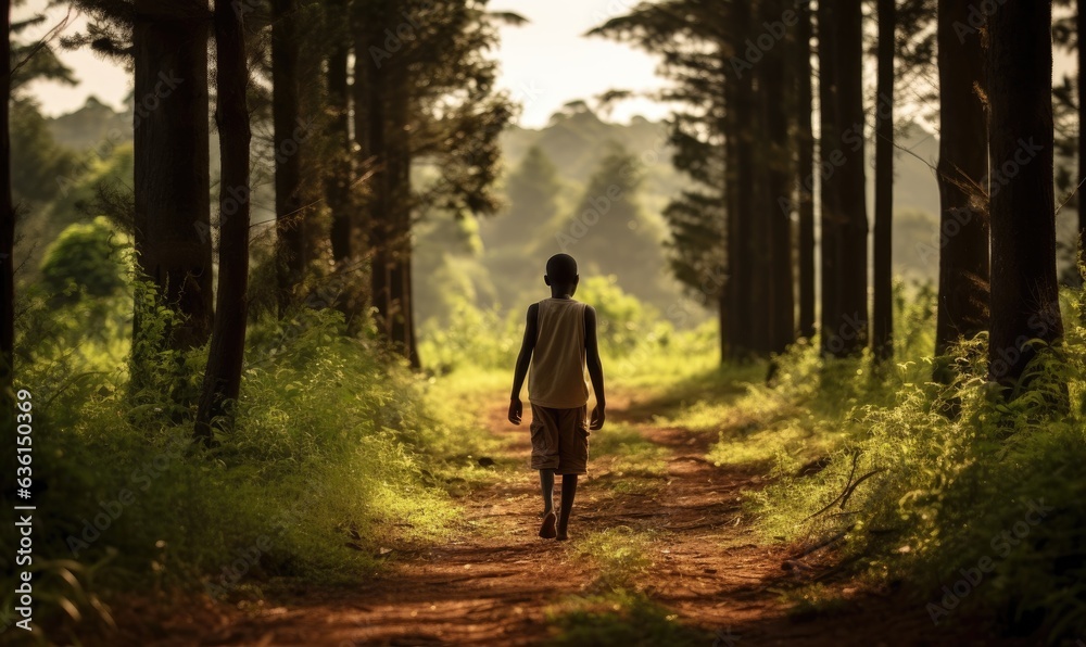 Photo of a person walking down a serene dirt road surrounded by tall trees in a peaceful forest Photo of a person walking down a serene dirt road surrounded by tall trees in a peaceful forest