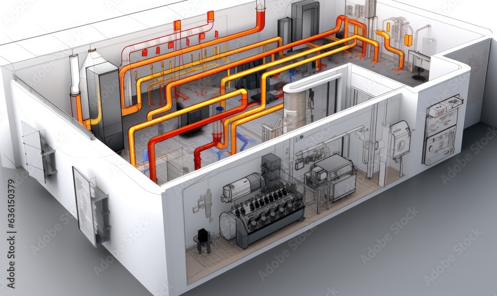 Photo of a complex building structure with numerous pipes and intricate systems Photo of a complex building structure with numerous pipes and intricate systems