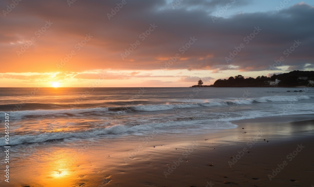 Photo of a breathtaking sunset over the ocean on a tranquil beach