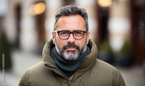 Photo of a bearded man in glasses wearing a green jacket