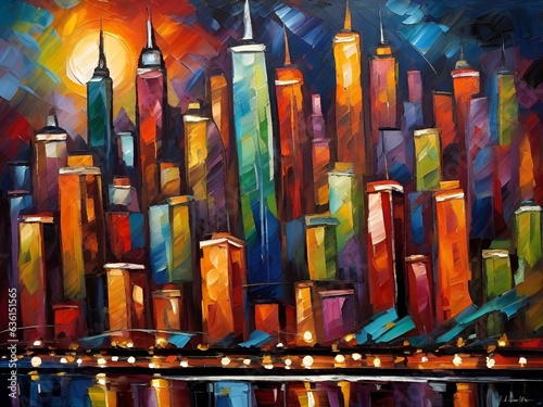a cityscape in the style of cubism, conveying a chaotic and energetic mood