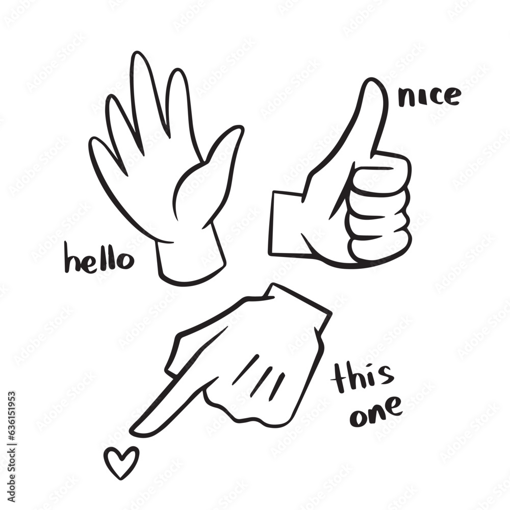 Three hand signs with hello, good job, and pointing something gesture black and white vector illustration isolated on square white background. Simple flat cartoon art styled drawing. Three hand signs with hello, good job, and pointing something gesture black and white vector illustration isolated on square white background. Simple flat cartoon art styled drawing.