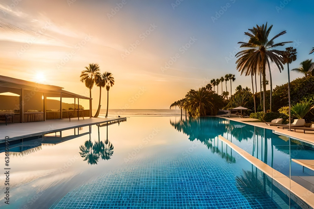  A tranquil oasis nestled in a desert expanse, crystal-clear water reflecting the vibrant blue sky, palm trees casting gentle shadows on the water's surface, colorful flowers dotting the landscape