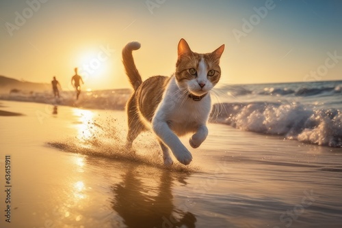dog running on the beach at sunset