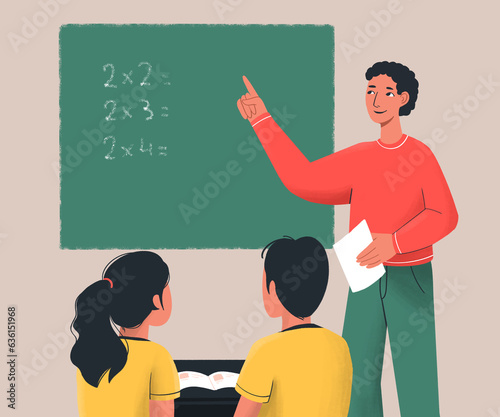 An illustration showcasing a teacher standing at the chalkboard photo