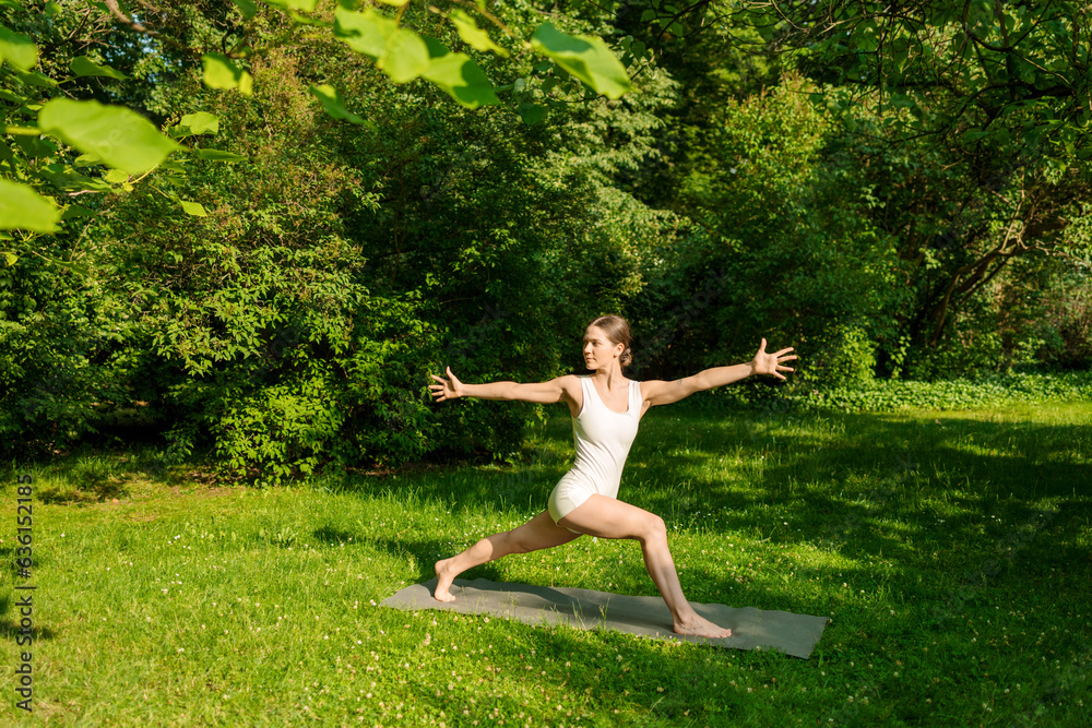 A woman does yoga and enjoys the beauty of nature. warrior two pose A woman does yoga and enjoys the beauty of nature. warrior two pose