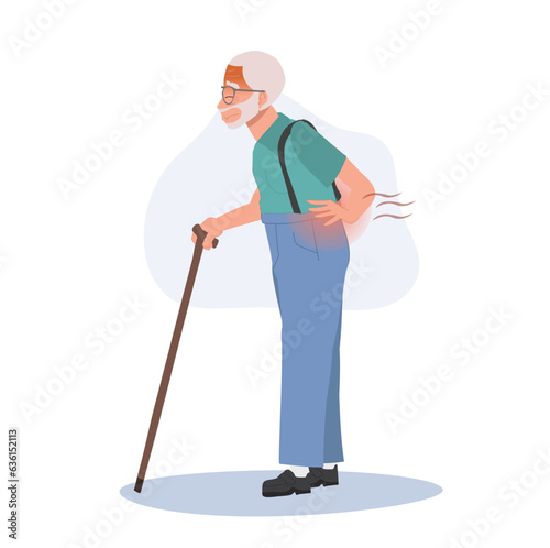 Aging and Healthcare Concept. Elderly man Suffering from Back Ache, Spinal Pain. Chronic Back Ache in Elderly man