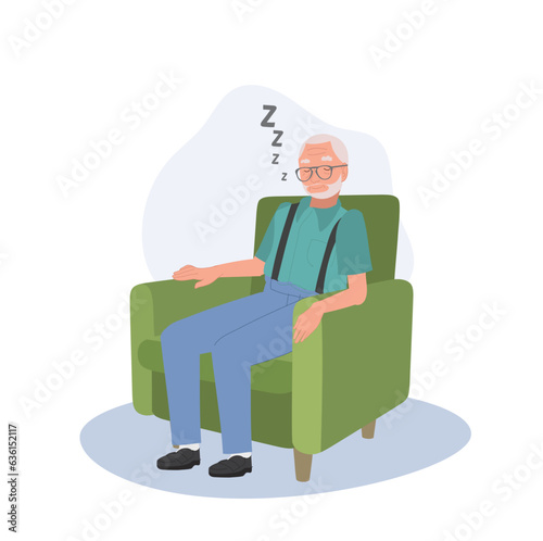 Relaxing Nap of Mature. Elderly man Sleeping on cozy Couch at home. Flat vector cartoon illustration