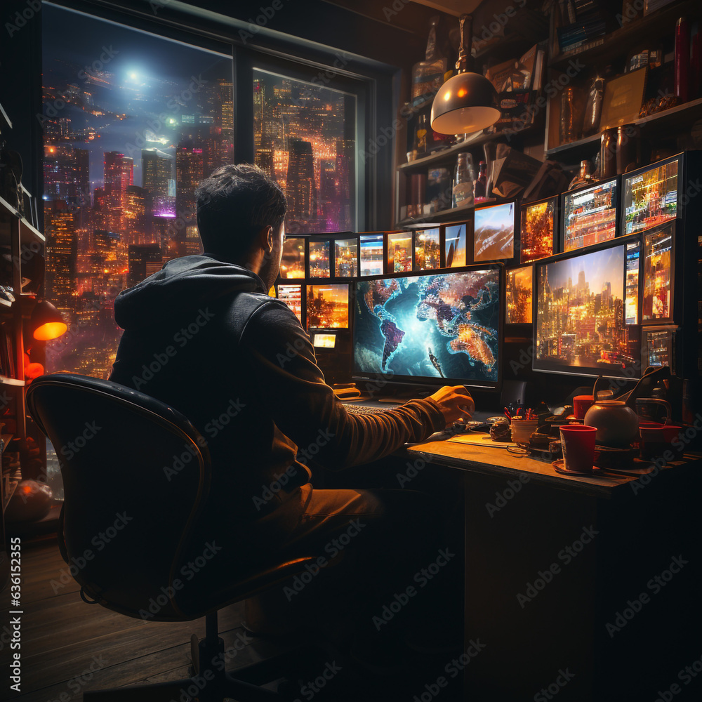 A gamer is sitting in front of a large monitor with headphones, he is an sportsman, a guy of European appearance is shot from the back, a silhouette in headphones against the background of a monitor A gamer is sitting in front of a large monitor with headphones, he is an sportsman, a guy of European appearance is shot from the back, a silhouette in headphones against the background of a monitor