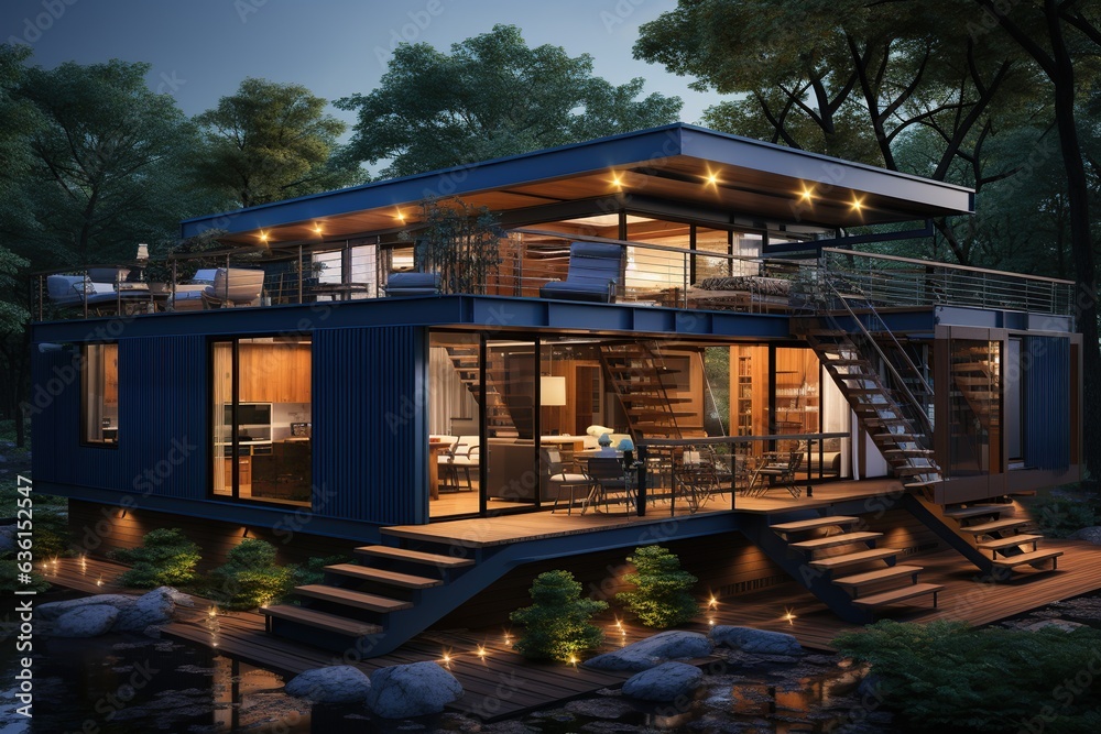 innovative container house design that maximizes sustainability. Incorporate solar panels