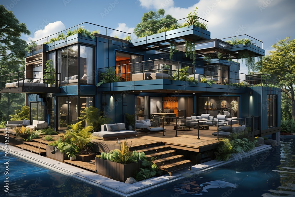 innovative container house design that maximizes sustainability. Incorporate solar panels