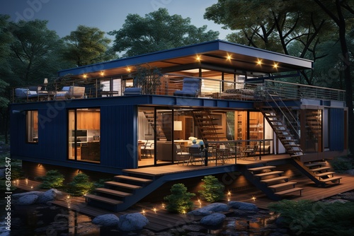 innovative container house design that maximizes sustainability. Incorporate solar panels