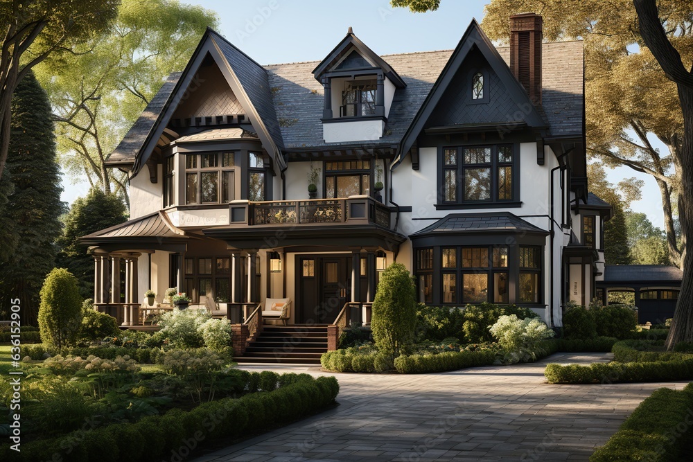 Design a classic American Colonial house, showcasing a symmetrical façade, steep pitched roof Generated with AI Design a classic American Colonial house, showcasing a symmetrical façade, steep pitched roof Generated with AI