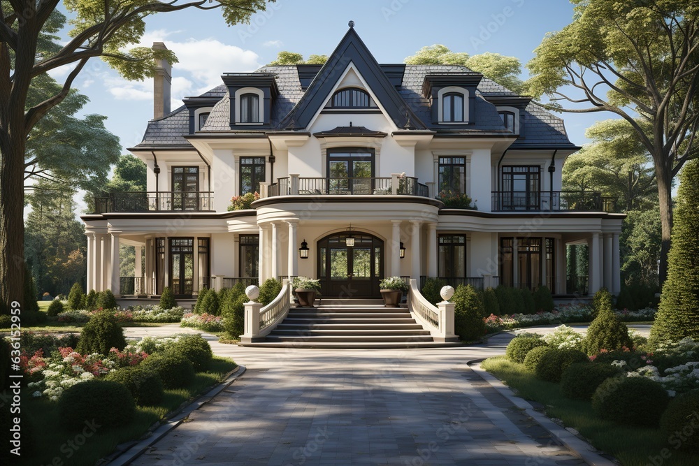 Design a classic American Colonial house, showcasing a symmetrical façade, steep pitched roof Generated with AI