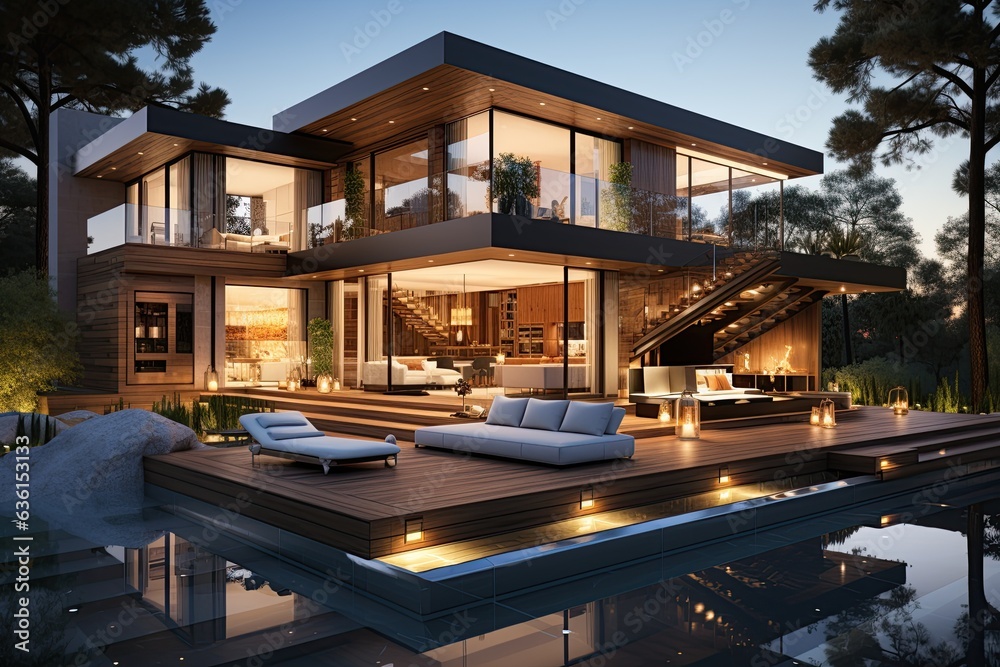 Fototapeta premium Design a minimalist modern home with a focus on clean lines, neutral colors, and large windows to create a sense of openness and connection to the surrounding environment.Generated with AI