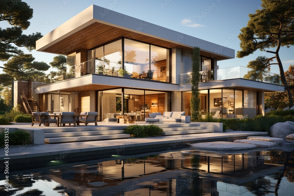 Design a minimalist modern home with a focus on clean lines, neutral colors, and large windows to create a sense of openness and connection to the surrounding environment.Generated with AI