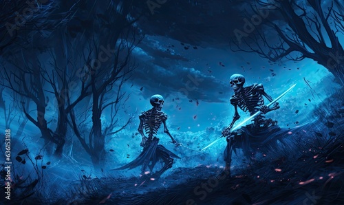 Photo of skeletons riding on horses in a spooky scene