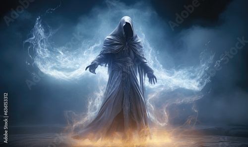 Photo of a mysterious figure in a dimly lit room wearing a hooded robe