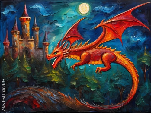 a dragon flying over a medieval castle in the style of surrealism