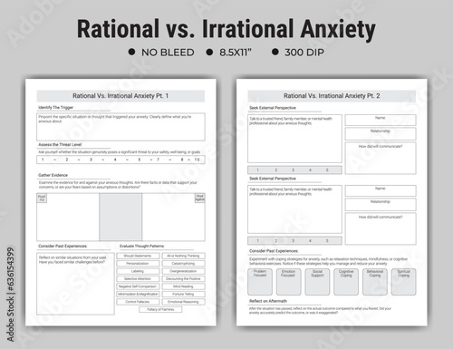 Rational vs irrational Anxiety Logbook Journal Or Notebook Planner KDP Interior Template Designs.
