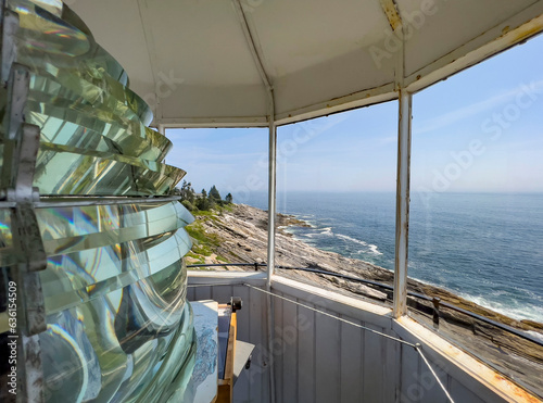 View from Top of Maine Pemaquid Point Lighthouse with fresnel lens  photo