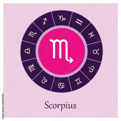 Scorpius sign . Vector illustration. Scorpius zodiac sign symbole on purple background horoscope astrology. Zodiac sign. Astrological calendar. Zodiacal color vector horoscope. Line