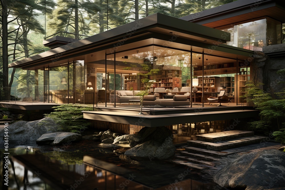 modern Japanese villa nestled in a lush forest, featuring large windows that bring 