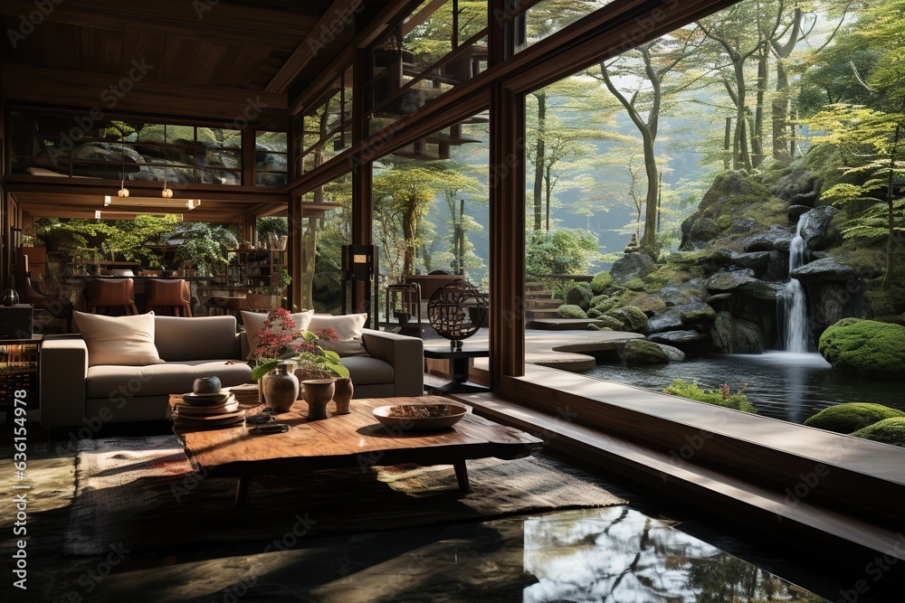 modern Japanese villa nestled in a lush forest, featuring large windows that bring modern Japanese villa nestled in a lush forest, featuring large windows that bring