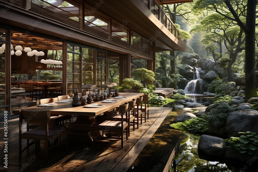 modern Japanese villa nestled in a lush forest, featuring large windows that bring modern Japanese villa nestled in a lush forest, featuring large windows that bring