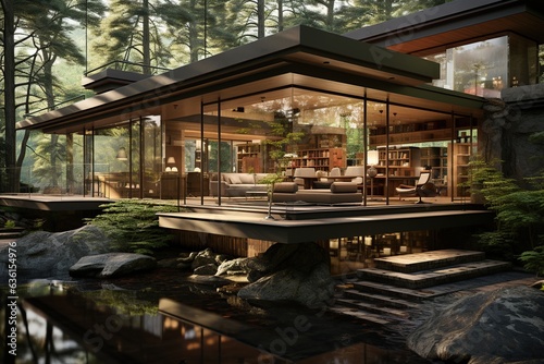 modern Japanese villa nestled in a lush forest, featuring large windows that bring  © Chanwit