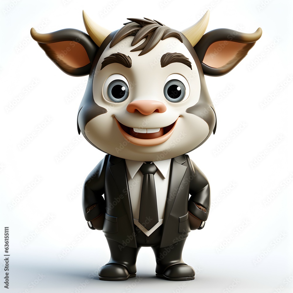 Full body 3d character of a cute cow wearing a black suit on a white background Full body 3d character of a cute cow wearing a black suit on a white background