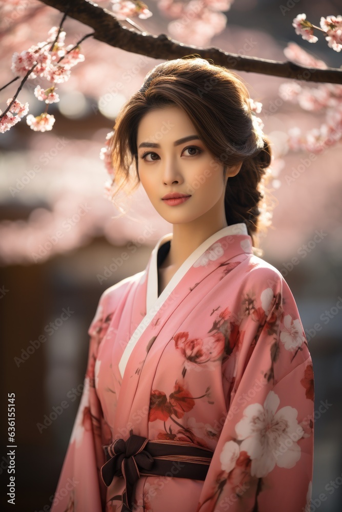 Young japanese woman in a sakura garden 