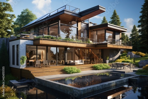 sustainable modern Chinese home, incorporating Feng Shui principles, utilizing natural materials, and emphasizing energy efficiency, while maintaining a contemporary look and feel. Generated with AI