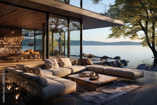 Design a Nordic waterfront villa, utilizing large glass panels to connect the interior with scenic lake © Chanwit