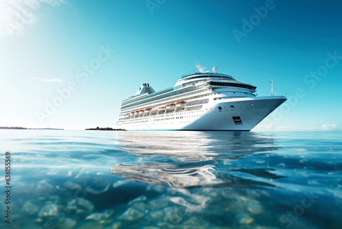 A huge cruise line travels across the sea. Sea travel on vacation. Seascape overlooking a cruise liner. © Anoo
