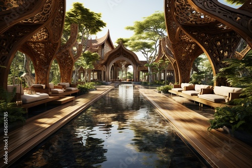 Design a Thai-style open-air pavilion, ideal for enjoying the scenic beauty of rice fields.