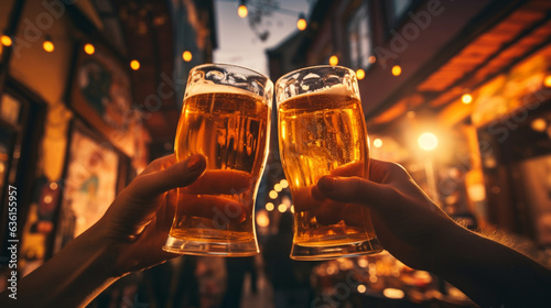 Two hands holding beer mugs and toasting 3