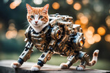 Cyber cat in transparent camo worn mech suit