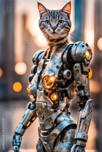 Standing cyber cat in transparent camo worn mech suit