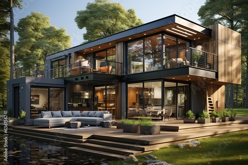 container house that seamlessly blends indoor and outdoor living. Highlight large sliding glass doors, a spacious deck, and a lush garden to emphasize the connection to nature.Generated with AI © Chanwit