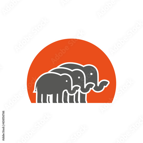 A herd of elephants against the background of the sun. Vector logo.