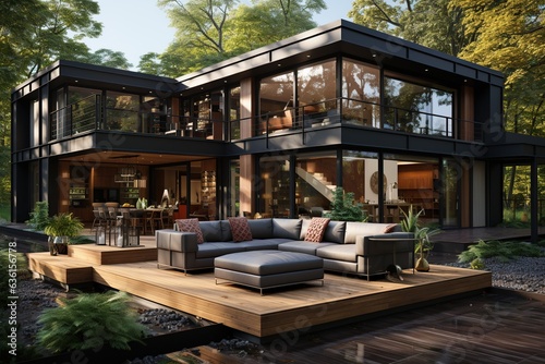 container house that seamlessly blends indoor and outdoor living. Highlight large sliding glass doors, a spacious deck, and a lush garden to emphasize the connection to nature.Generated with AI