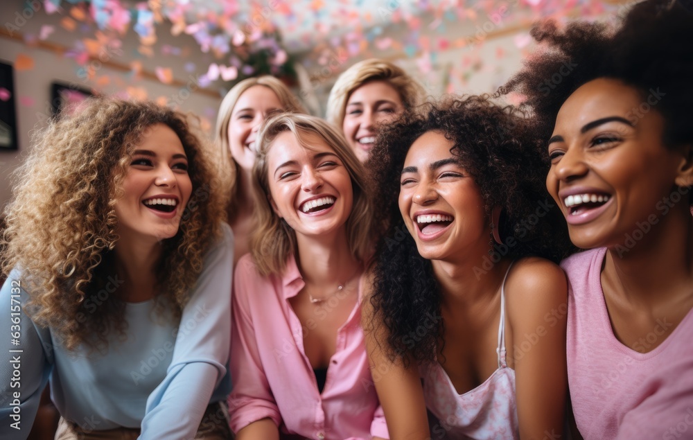 Generation Z women laughing and having fun in a vibrant studio setting celebrating their friendship and good times Multicultural friends enjoy the weekend together Generation Z women laughing and having fun in a vibrant studio setting celebrating their friendship and good times Multicultural friends enjoy the weekend together